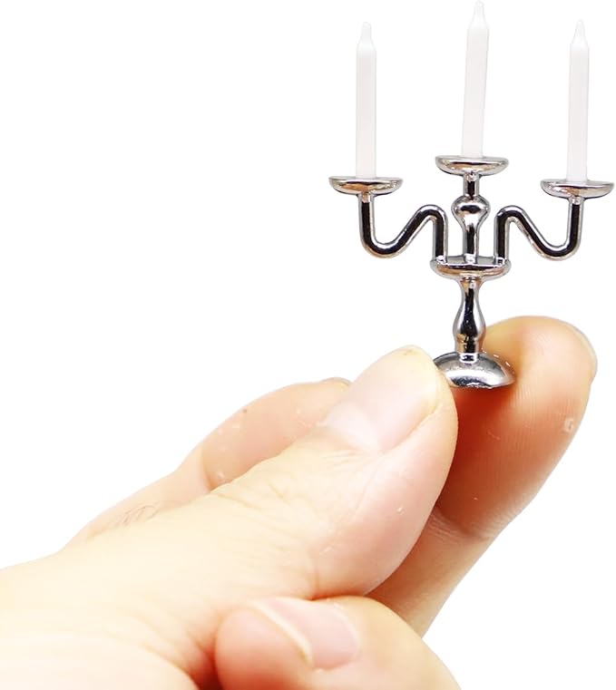 Dollhouse Candlesticks, Miniature Metal Candelabra, 1:12 Dining Candle Holder with 3 Candles, for Dollhouse Miniature Kitchen, Fairy Garden, Diorama (1PCS) (Silver)