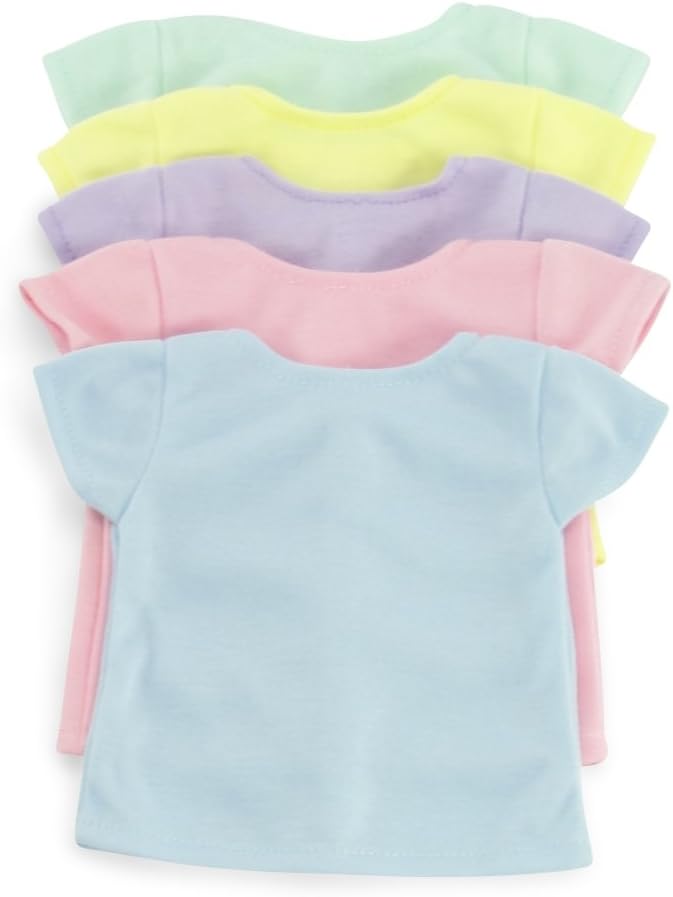 Emily Rose 18-Inch Doll Clothes 5-Pack Pastel T-Shirts - DIY Craft Kit with Pink, Blue, Green, Yellow & Purple Tees Boxed USA Brand