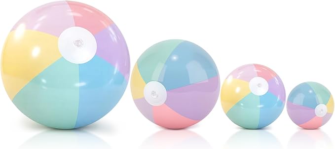 4 Pack Beach Balls in 4 Sizes (24" 16" 12" 8"), Inflatable Pastel Pool Balls for Kids Adults, Summer Beach Party Hawaiian Luau Birthday Party Supplies, Water Toys Gifts(Macarons)