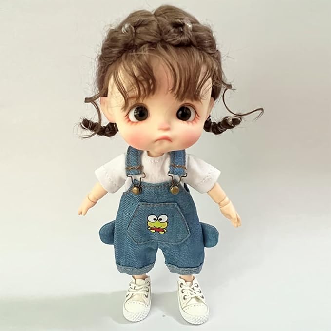 1/12 BJD Doll Clothes Fashion Suspender Pants T-Shirt Set for ob11 gsc body9 Dolls Accessories (Dark Blue)