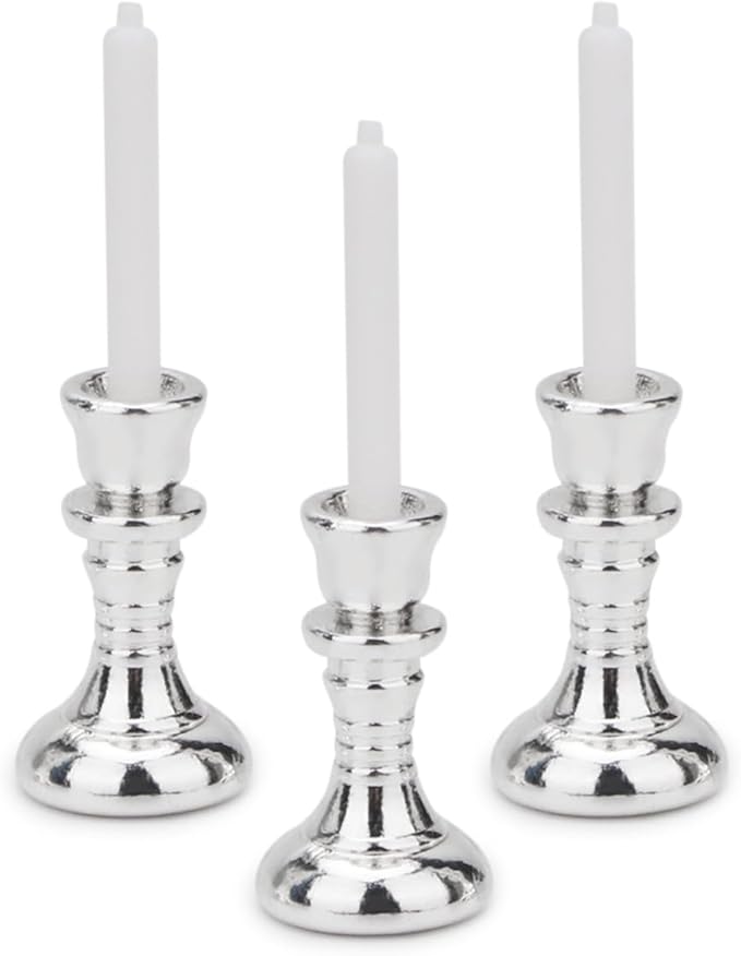 Dollhouse Miniature Candlesticks 3 PCS Candle Holder Set 1/12 Scale Vintage Candles Doll House Desk Ornament Accessories with Metal Round Base for for Fairy Garden (Silver)