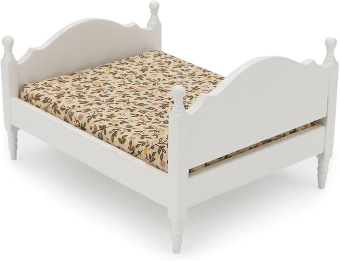 Miniature Furniture Dollhouse Wooden Fabric Bed with Mattress & Pillow 1 12 Scale Furniture Dollhouse Decoration Accessories (White)