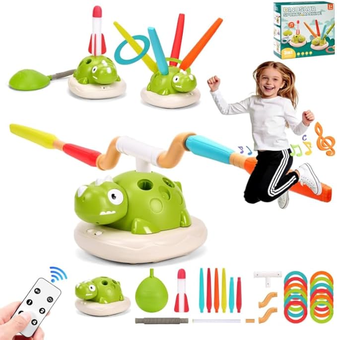 3 in 1 Dinosaur Rocket Launcher, Musical Jump and Toss, Activity Spinning Dinosaur Toy with Remote Control, Indoor & Outdoor Sports Toys