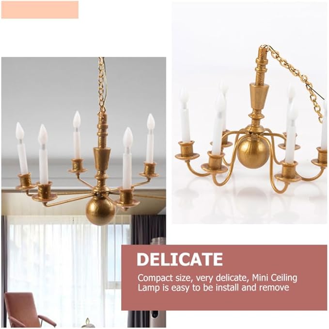DOITOOL 2Pcs Mini Ceiling Lamp Model Tiny Luminous Hanging Chandelier for Dollhouse DIY Accessories 5.31X2.95X2.95 Inch Miniature Lighting for Doll House Decoration