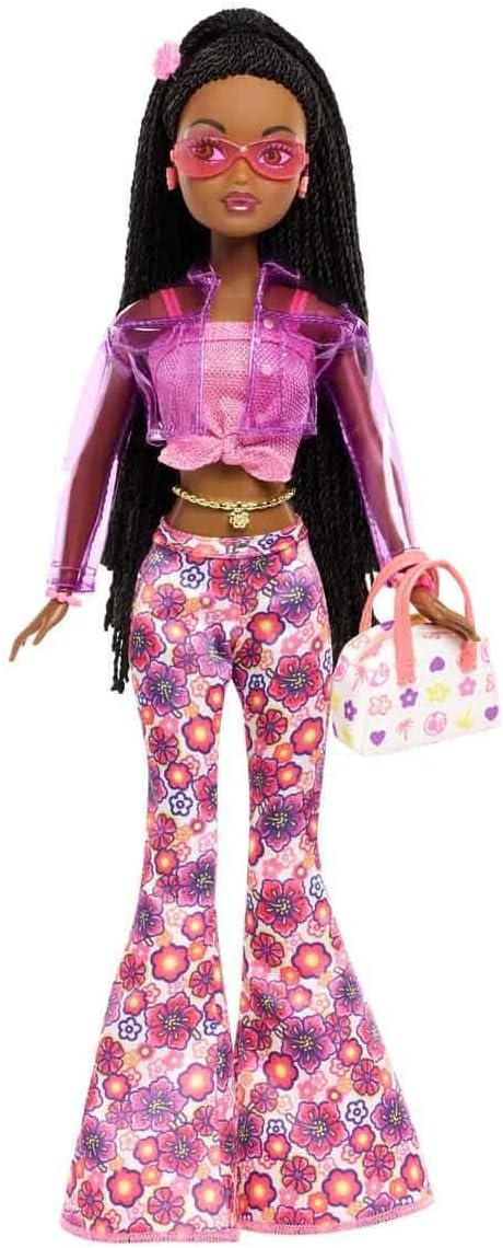 Barbie Signature My Scene Jai Doll and Accessories, Black Braids, Y2K-Inspired Outfit with Pink Top, Vinyl Jacket, Floral Flare Pants and Doll Stand