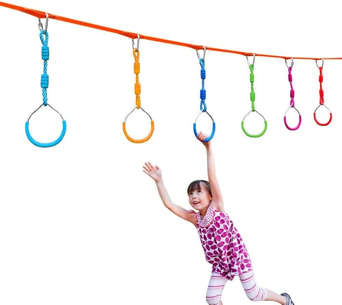 Ninja Ring Backyard Gymnastic Fitness Fist Outdoor Jungle Gym Play Set Playground Training Equipment, 2 Blue Swing Monkey Bar Hang Climbing Ring Warrior Obstacle Course Trapeze Slackline Attachments