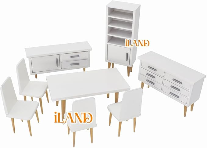 iLAND Dollhouse Furniture on 1/12 Scale of Dining-Room, Wooden Doll House Furniture Miniature of Table Chair & Cabinet (Modern Miniature Furniture 8pcs)