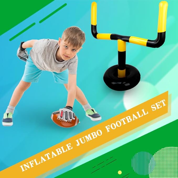 4 Pcs Giant Inflatable Football Set Include 1 Jumbo Blow Up Football Field Goal Post and 3 Pcs Inflatable Footballs for Outdoor Fun Practice