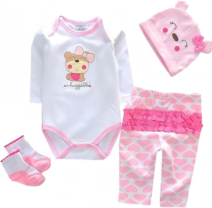 Reborn Baby Doll Clothes for 17-22 Inch Newborn Baby Doll Girl (Cute Pink Bear Pattern 4pcs Set)