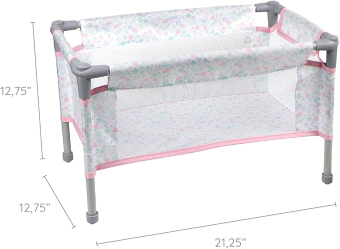 JC Toys - Berenguer Boutique | Travel Folding Crib - Playpen with Accessories | Pink Floral Collection | for Dolls up to 18" | Ages 3+