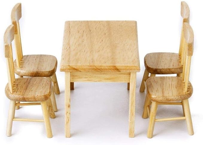 Miniature Dining Table & Chair Set for Dollhouse 1 12 Scale Wooden Furniture Model 5pcs House Mini Decoration Accessories DIY Hobby Gift (Wood)