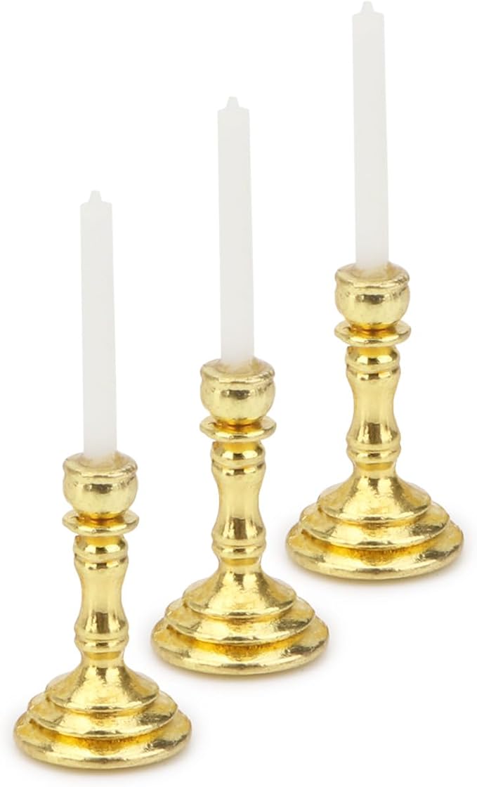 Dollhouse Miniature Candlesticks 3 PCS Candle Holder Set 1/12 Scale Vintage Candles Doll House Desk Ornament Accessories with Metal Round Base for for Fairy Garden (Golden)