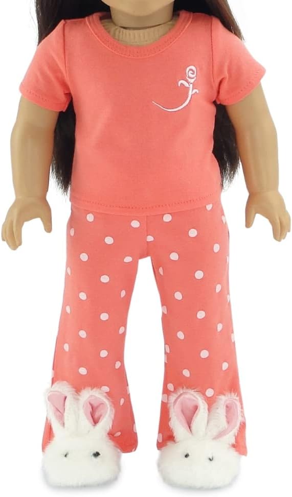 Emily Rose 18 Inch Doll Clothes Coral Polka Dot Pajamas PJs Gift Set, with Bunny Slippers! | Gift Boxed! | USA Brand | Compatible with American Girl Dolls - Doll NOT Included