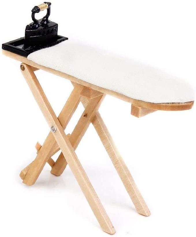 Dollhouse Furniture 1:12 Scale Miniatures Accessories Ironing Board Set Wooden Furniture Model Miniature Room Artificial House Decor Life Scene Ornament (White)