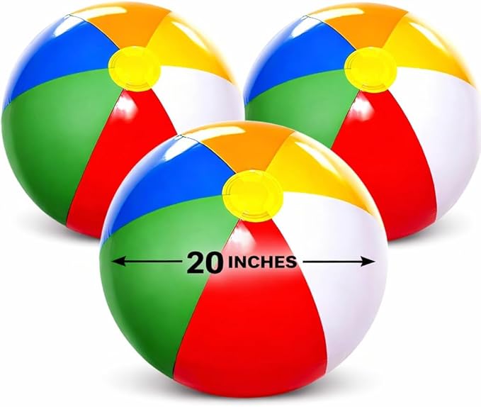 4E's Novelty Beach Balls [3 or 6 Pack] 20" Inflatable Beach Balls for Kids - Pool Games Toys for Kids & Toddlers, Classic Rainbow Color, Easter Outdoor Yard Games