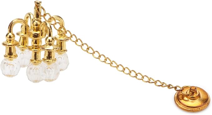 Dollhouse Miniature Chandelier 1:12 Scale Chrystaline Chandelier Pendant 5 Head Hanging Ceiling Light Luxury Decoration Ceiling Lamp Dollhouse Accessories (Golden)