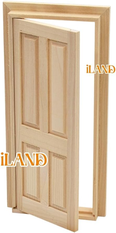 iLAND Wooden Dollhouse Door of 1/12 Scale Accessories, Dollhouse Building Materials, Classic 4-Pannel Miniature Door w/Trims & Doorknob & Key (Classic 4-Pannel Door)