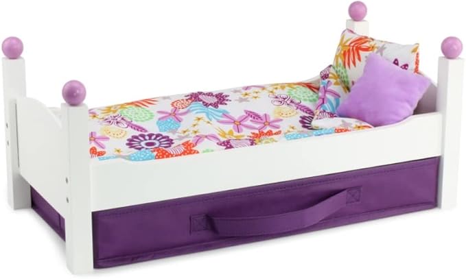 Emily Rose 18 Inch Doll Furniture - White Stackable Wooden Bed Set with Colorful Bedding & Large Clothes and Accessories Storage Bin | Fits American Girl Dolls