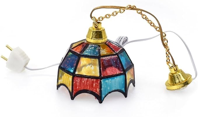 iLAND 1/12 Scale Accessories of Dollhouse Lights, Classic Miniature Lamp for Dollhouse Decoration, Beautiful Mosaic Lattice Pendant Light w/Plug