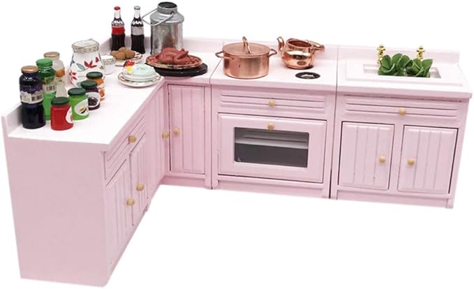 Dollhouse Decoration Accessories,1:12 Dollhouse Miniature Furniture Wooden Kitchen Cabinet Set Freely Combined (Pink)