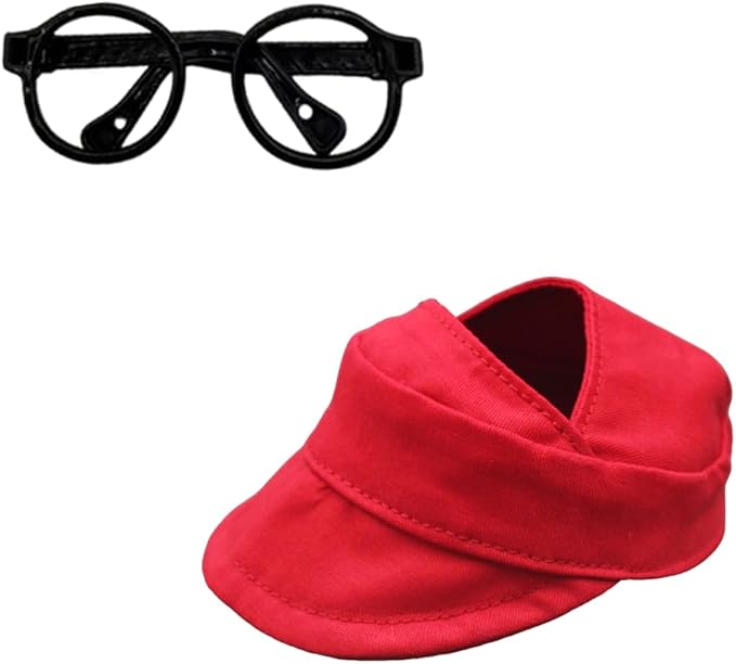 for Labubu Doll Accessories Set, 4 Colors Options Camouflage Bucket Hat and Black Sunglasses Frame(no Lenses) Casual Cap (Red)