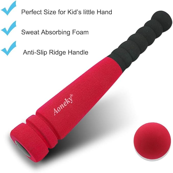 Aoneky 11.8 Inch Mini Foam Baseball Bat and Ball Set for Toddlers 1-3 Years, Soft & Safe First Bat, Lightweight T-Ball Bat for Boys Girls, Indoor Outdoor Sports Toy (Red)