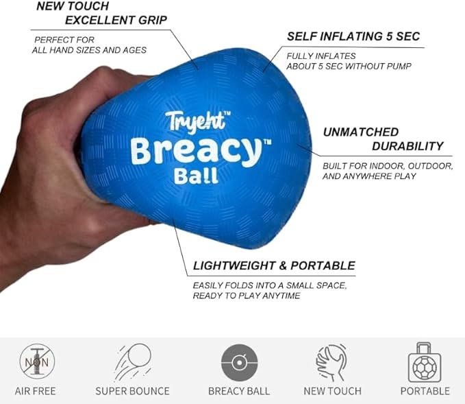 Self Inflating Ball 5", Rubber New Feel Breacy Ball, Hi Bouncy, Never Need Pump, Neon Blue, Playground Balls, Handball, Dodgeballs, Picnic and School Play in and Outdoor