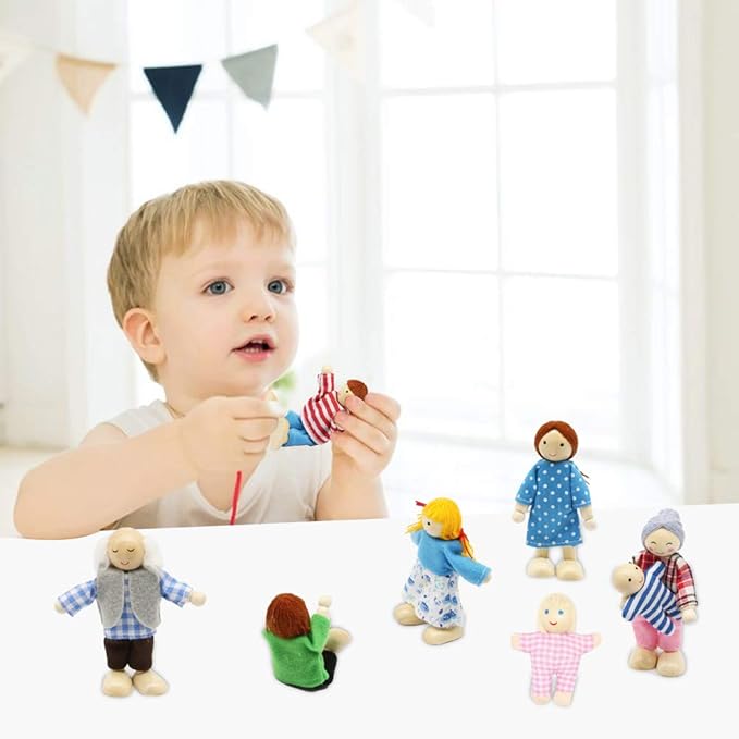 Lovely Family Dollhouse Dolls Set of 8 Wooden Figures, Kids Girls Happy Playset Characters Accessories for Children Pretend Gift