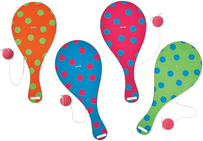 Fun Express Wooden Paddle Ball Set 12 Pack - Retro Toys for Kids with Ball on String | Classic 80s Vintage Games for Birthday Party Favors | Old Fashioned Paddleball Game for Indoor Outdoor Play