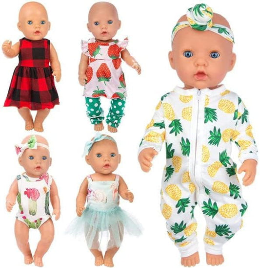 Ecore Fun 5 Sets 14-18 Inch Baby Doll Clothes and Headbands Outfits Pjs Baby Doll Accessories for 43cm New Born Dolls, 15 Inch Baby Dolls