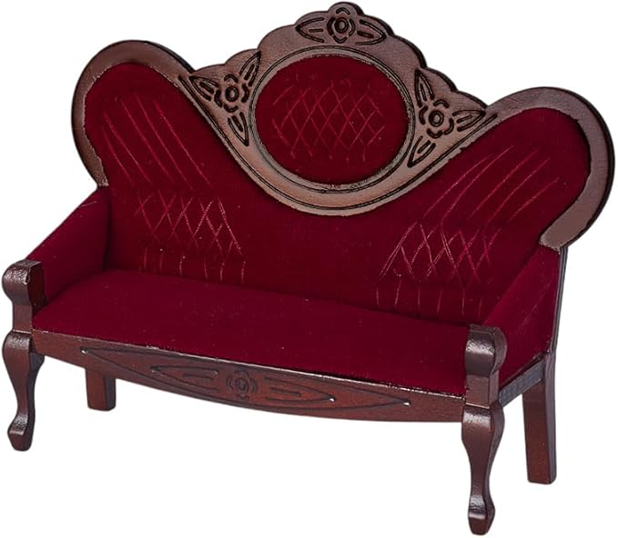 AHANDMAKER Dollhouse Furniture Miniature Accessories, 1/12 Scale Mini House Vintage Red Wooden Carved Sofa Bench Armchairs for Dollhouse Living Room Scene Simulation Craft Decoration Party