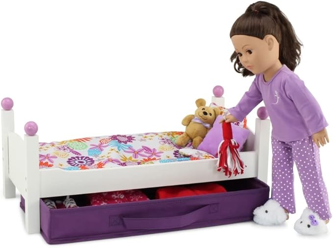 Emily Rose 18 Inch Doll Furniture - White Stackable Wooden Bed Set with Colorful Bedding & Large Clothes and Accessories Storage Bin | Fits American Girl Dolls