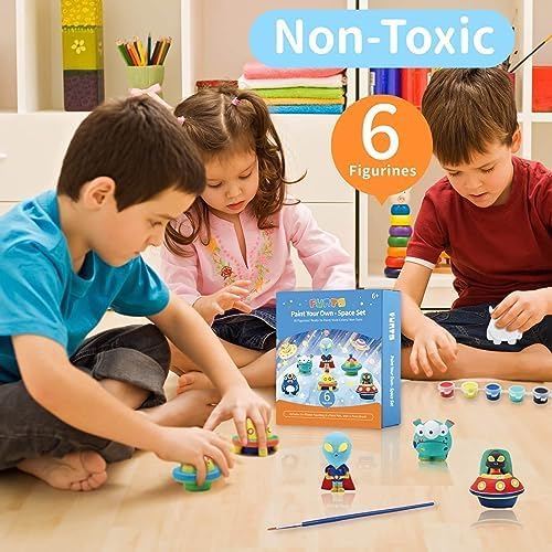Funto Paint Your Own Space Kit Painting Kit, 13 PCS Crafts Set for Kids, STEAM Project Creative Activity DIY Toys with 6 Figurines, 6 Paint Pots, 1 Brush