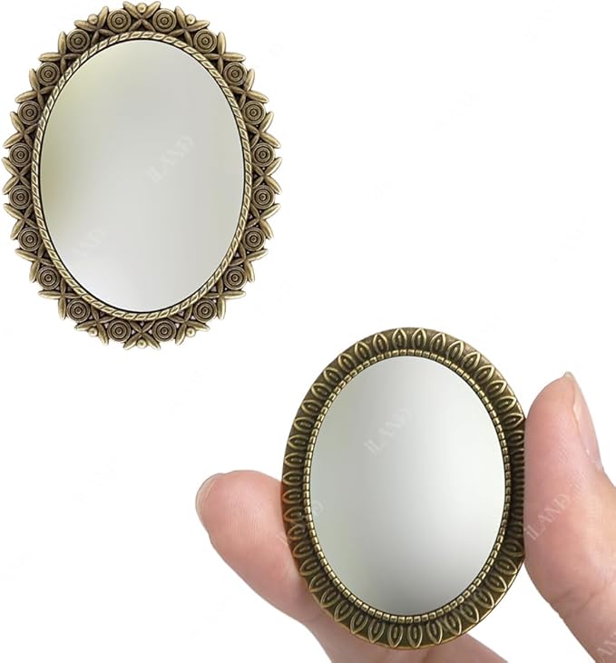 iLAND Dollhouse Mirrors, Miniatures Dollhouse Accessories on 1:12 Scale, Metal Framed Glass Mini Mirror w/Rose & Sunflower Patterns 2pcs