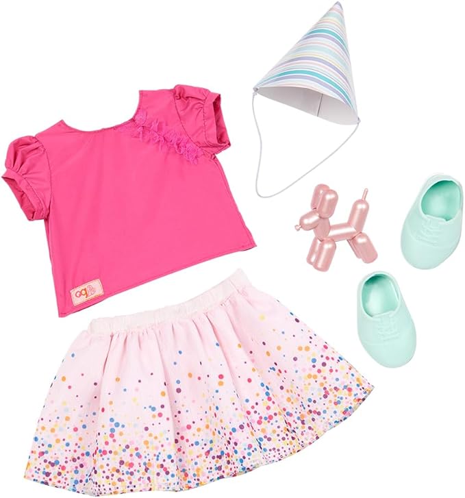 Our Generation – Birthday Outfit – Confetti-Print Skirt & Poodle Balloon Animal – 18-inch Doll Clothes – Pretend Play – Toys for Kids Ages 3 & Up – It's Time to Party