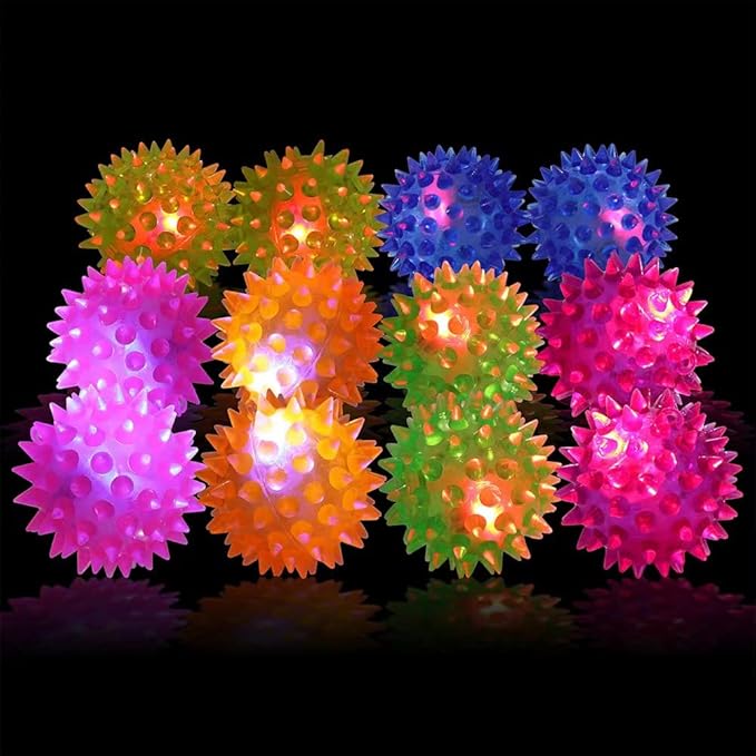 12 Pack LED Light Up Fidget Sensory Bouncy Spiky Ball Squishy Glow in The Dark Flashing Stress Relief Spiky Balls Toy for Party Favors Kids Gifts School Rewards