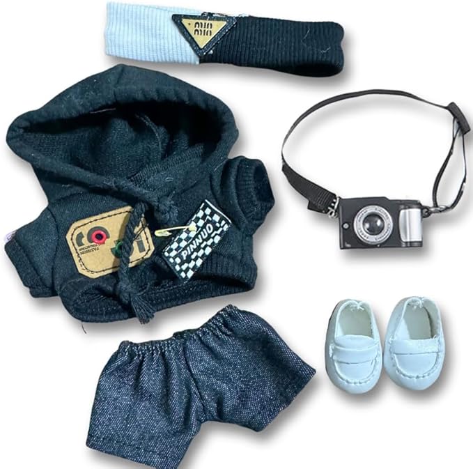 5-Piece Cool Streetwear Set for 17cm Dolls - Black Hoodie & Denim Shorts Outfit with Camera, Headband & Shoes, Trendy Clothes Compatible with Vinyl Face Pendant (No Doll)(Style Y)