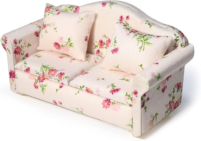 Dollhouse Couch Miniature Sofa with Pillows Dollhouse Living Room Funiture 1:12 Scale Model 3 Pcs High Simulation Upholstered Wooden Fabric Armchair Mini Room Artificial House Scene Decoration (Pink)