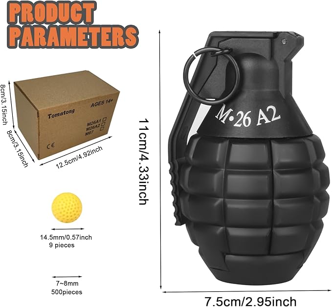 Toy-Hand Grenade for CS Battle Game,with 9 Foam Ammo Black Fun Impact Tactical CS-Grenade Toys Halloween Outdoor Team Sport for Age 14 Years Old and up and Adults
