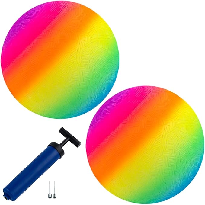 New Bounce Playground Balls for Kids - Set of 2 Rainbow Colored Rubber Bouncing Kick Balls Plus Pump - Regulation Size for Dodgeball and More - Durable, Inflatable 8.5" Game Ball