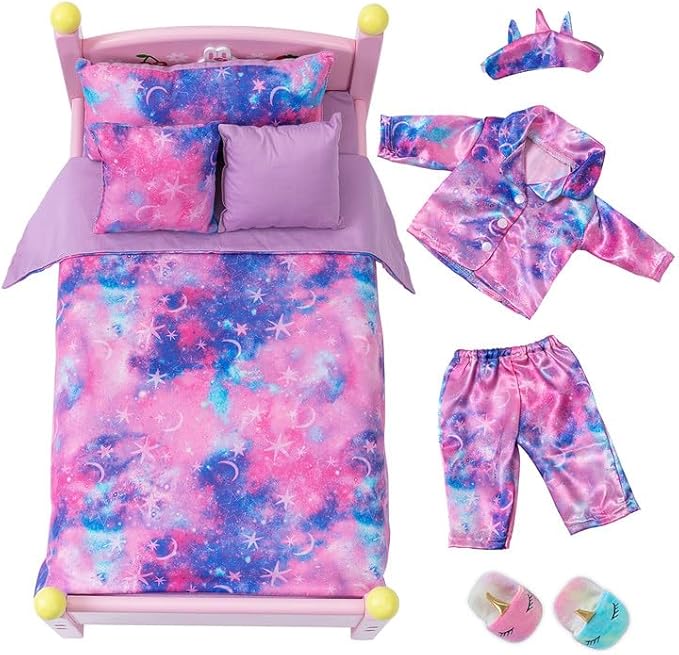 K.T. Fancy 8 PCS 18 Inch Girl Doll Clothes and Accessories Sleeping Sheet,Pajamas,Eye Mask,Unicorn Slippers,Pillow(Doll and Bed are Not Included)