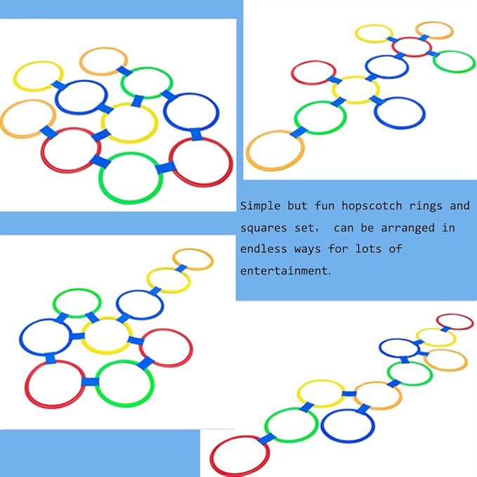 Hopscotch Rings- 11in Hopscotch Game Hoops Circles with 15 Connectors for Kids Balance Agility Training Obstacle Course, Children Birthday Fun Play Indoor Outdoor Backyard Playground Activity