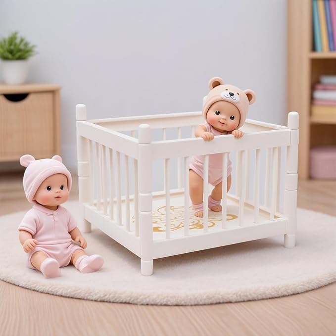 BABESIDE Baby Doll Accessories for 3 Inch Mini Dollhouse Miniature Babys Doll Playpen and Crib Dollhouse Mini Baby Dolls Bed Micro Mini Dollhouse Playpen, Assembly Required