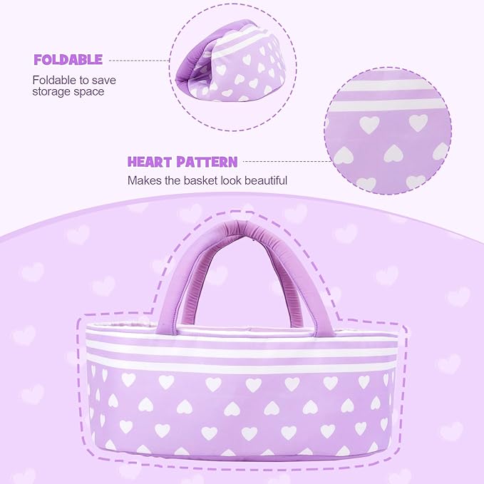 Aori Reborn Baby Dolls Bassinet Foldable Baby Doll Carrier Bed Soft Doll Carrier Doll Accessories with Handle for 17-22 inch Baby Dolls Girls (Purple)