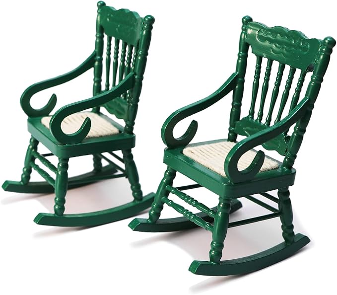 Dollhouse Miniature Rocking Chair 1:12 Scale Wooden Furniture Accessories Tiny Mini House Home Outdoor Decoration Model Living Room Scene Christmas Craft Displays (Green)