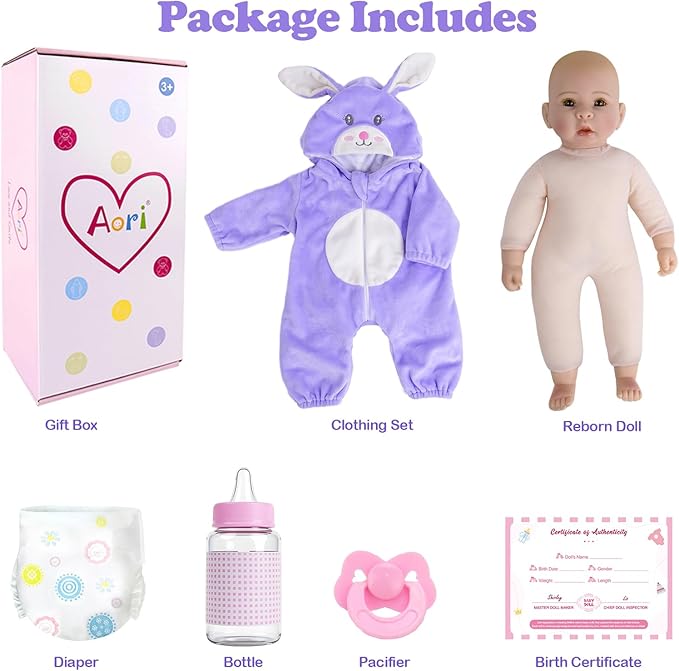 Aori Real Baby Dolls - 17 Inch Realistic Baby Doll with Soft Body & Purple Bunny Outfits for Girls 3+ Pretend Play, Dress Up, Nursery Decor