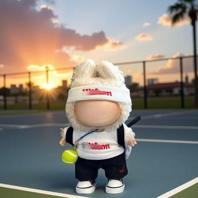 17 cm Doll Tennis Clothes Outfit，Clothing Accessories for Lububu Dolls，Sports Style Doll Set Outfits (7-Piece Set), Includes Top+Pants+Tennis Racket+Ball Charm+Shoes+Bag+Headband(RED+Black+White)