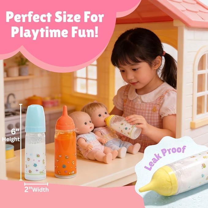 Mommy & Me Toy Magic Baby Doll Bottles with Disappearing Milk and Juice – Play Doll Feeding Set of 2