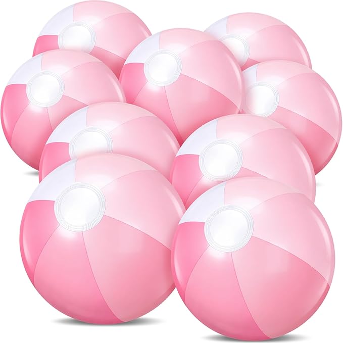 Realspring 12 Pcs Pastel Inflatable Beach Balls Kids Bulk Pink Stripe Jumbo Big Beach Balls Pool Floating Toys for Adults Water Games Baby Shower Birthday Summer Swimming Party Decor(26.5 Inch)