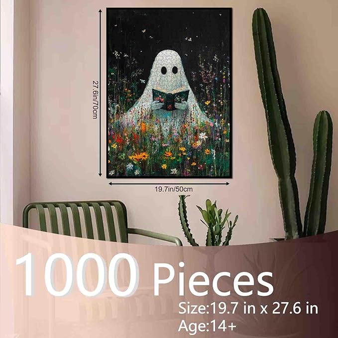 1000 Pieces Graffiti Halloween Jigsaw Puzzles for Adults,The Little Devil Reading a Book with Blooming Flowers Puzzles Best for Family Game Play Collection,Wall Decor 19.7 x 27.6 Inch